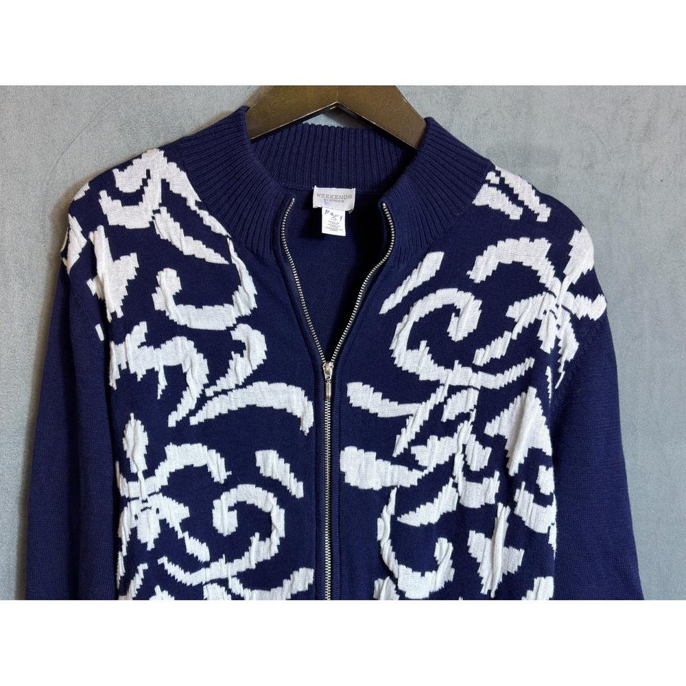 Chicos Weekends Cardigan Sweater Navy w/White Lightweight Beach Summer Nights 3 - Picture 9 of 15